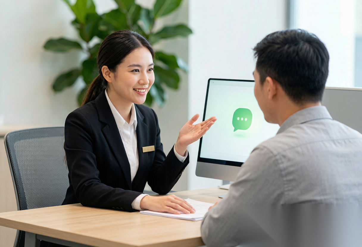 德扑圈联系客服页面英雄图，展示客服人员与用户友好对话的场景，专业服务氛围，绿色主题配色